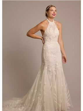 Beaded Lace High Neck Halter Mermaid Wedding